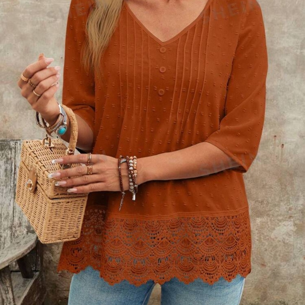 JUST IN! NEW Cinnamon Orange Swiss Dot Embroidered Lacy 3/4 Sleeve Blouse